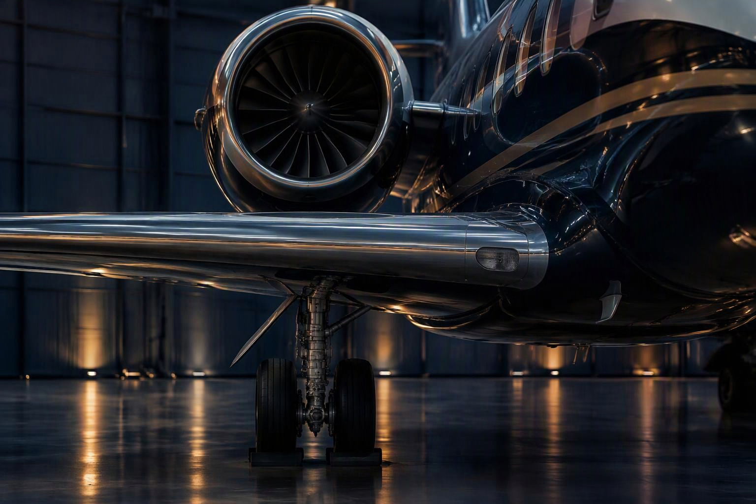 Close-up of a business jet engine, wing and landing gear
