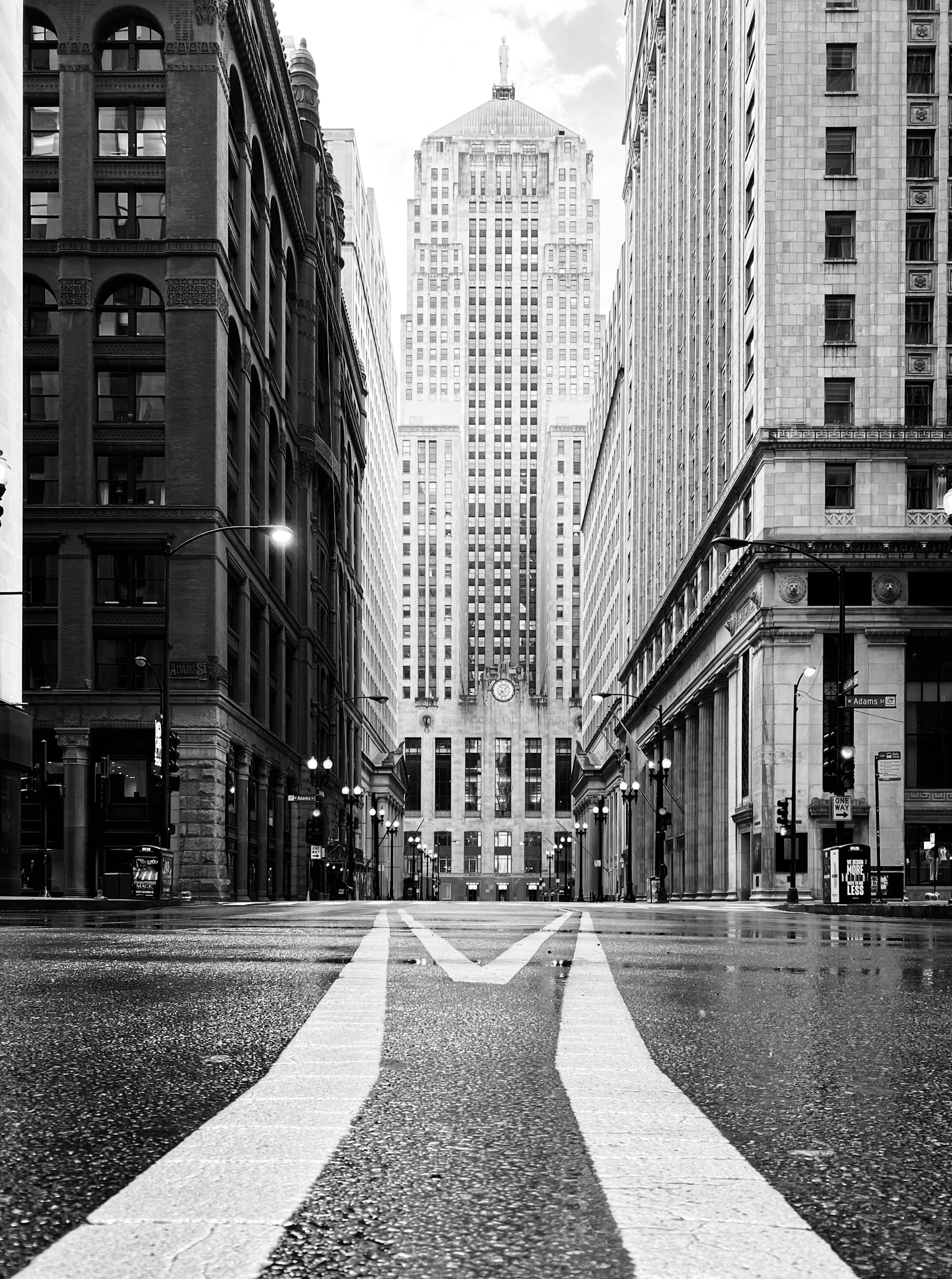 Chicago Board of Trade building framed by the architecture of LaSalle Street
